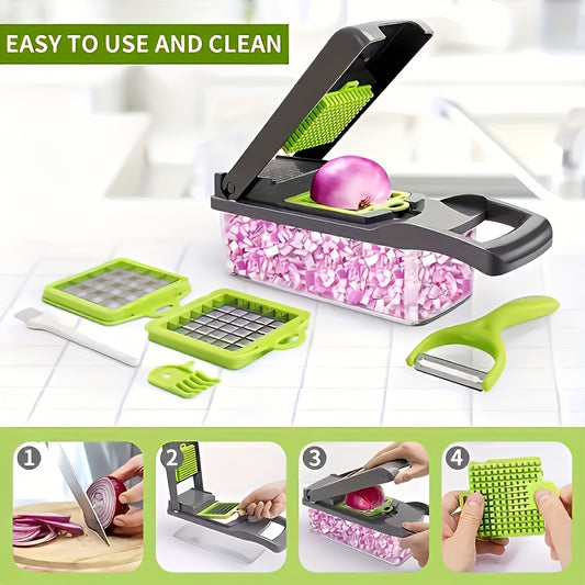 16pcs/Set, Vegetable Chopper, Multifunctional Fruit Slicer, veggie slicer, Vegetable Slicer, Cutter With Container, Onion Mincer Chopper With Multiple Interchangeable Blades, Household Potato Shredder, Kitchen Stuff, Kitchen