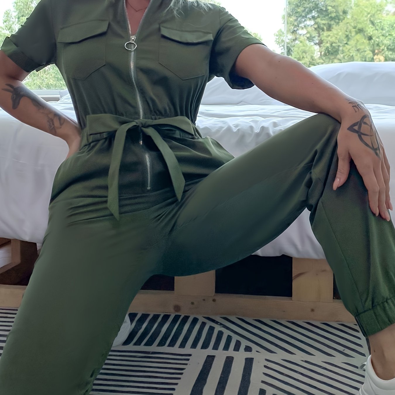 Women's Casual Solid Color Zip-Up Collared Short Sleeve Jumpsuit with Elastic Waist & Cuffs - Beige Spring Lounge Wear, Machine Washable Elegant Special Line