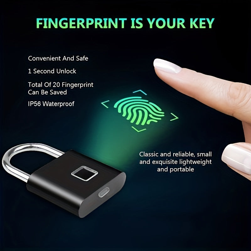1pc Mini Smart Fingerprint Padlock, Small Portable Metal Security Antitheft Lock, Keyless USB Rechargeable Battery Suitcase Luggage Backbag Door Lock