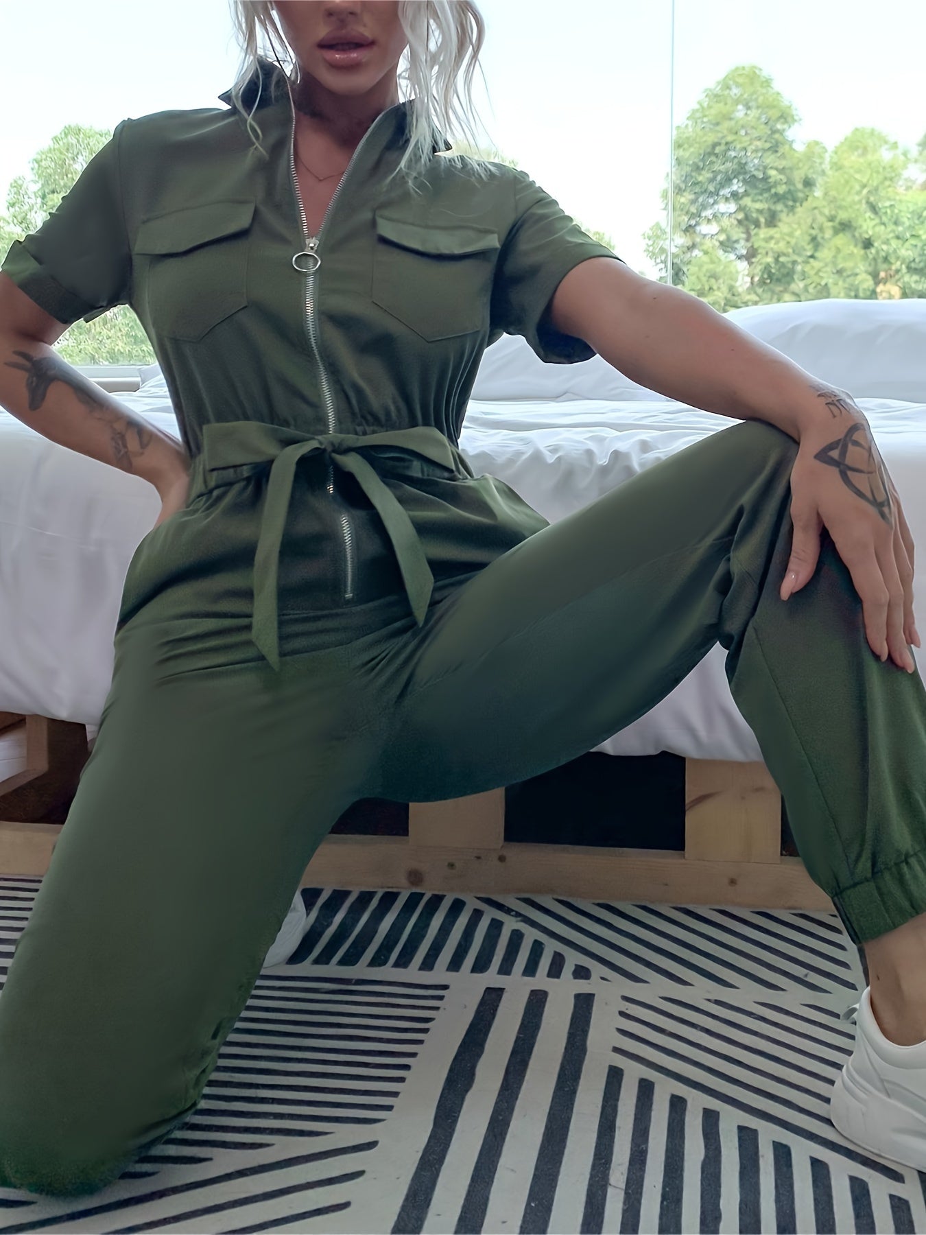 Women's Casual Solid Color Zip-Up Collared Short Sleeve Jumpsuit with Elastic Waist & Cuffs - Beige Spring Lounge Wear, Machine Washable Elegant Special Line