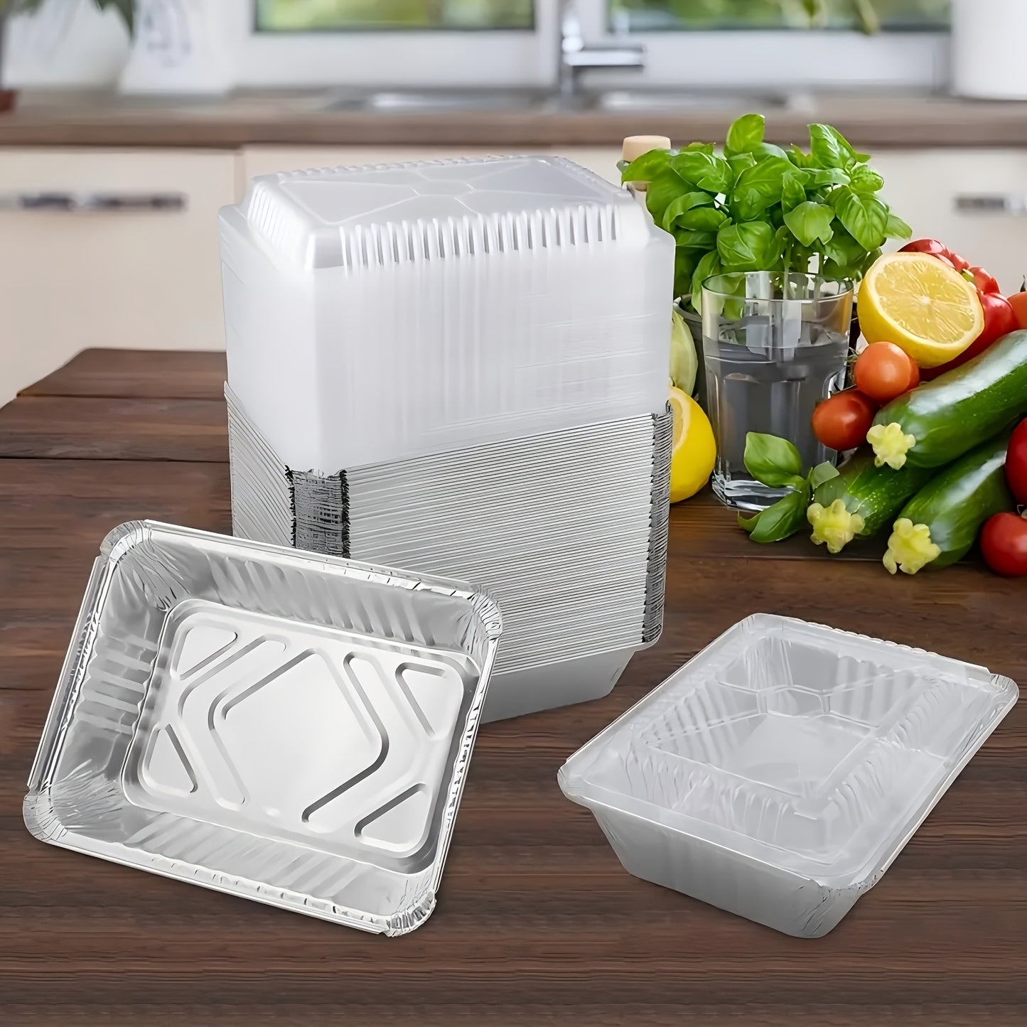 20pcs/50pcs Aluminum Square Foil Pan with Lid Recyclable Tin Food Storage Tray Super Strong Container for Cooking, Baking, Meal Preparation, Takeout-18.54 X 13.21 X 5.08 cm