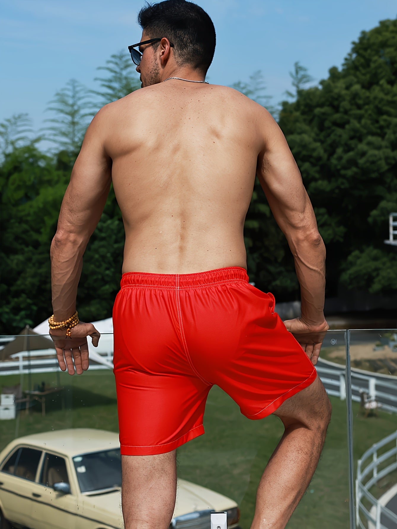 Classic Design Men's Solid Board Shorts With 2 Pockets, Casual Drawstring Swim Trunks For Summer Vacation Beach Pool Outdoor