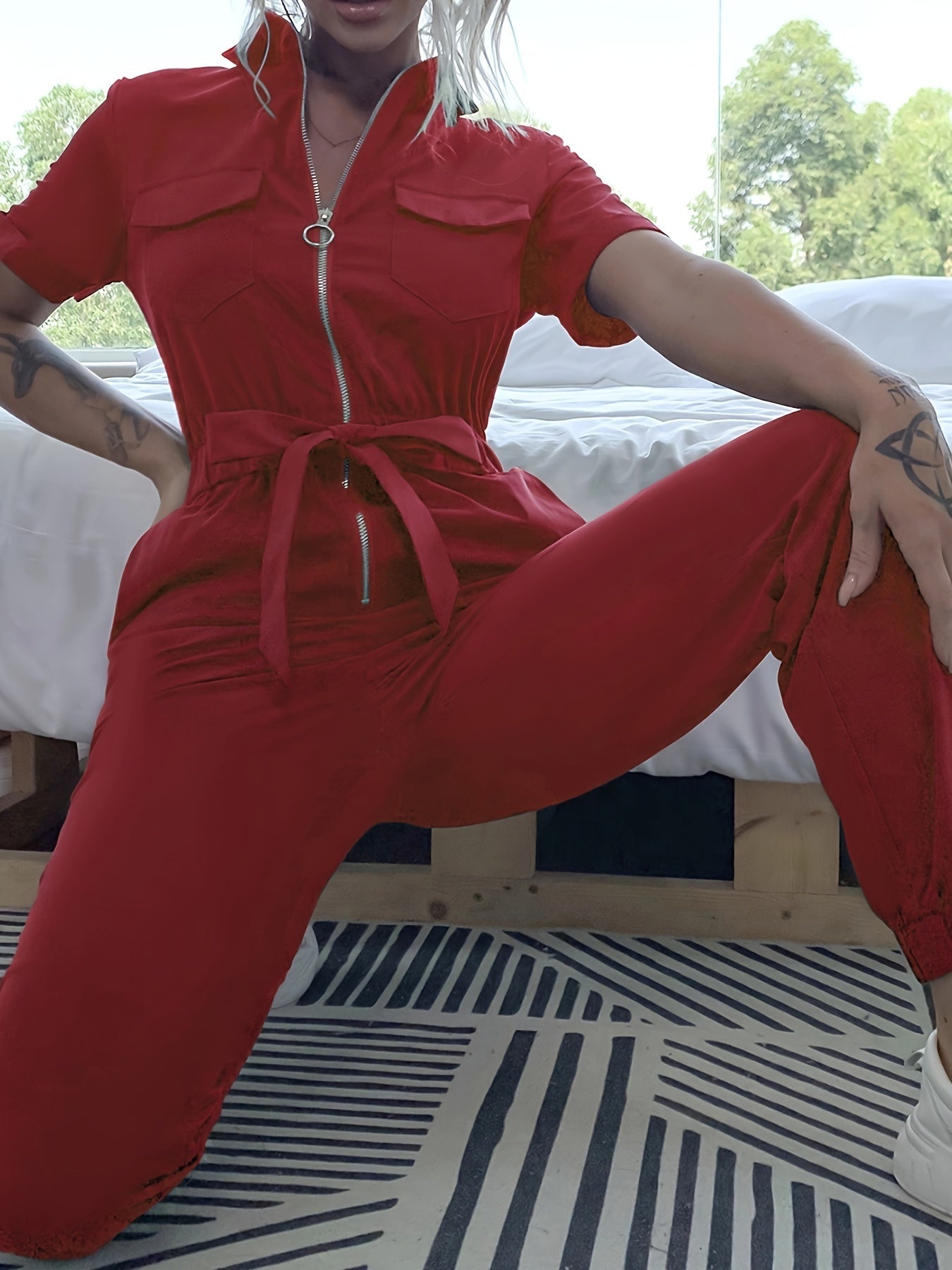 Women's Casual Solid Color Zip-Up Collared Short Sleeve Jumpsuit with Elastic Waist & Cuffs - Beige Spring Lounge Wear, Machine Washable Elegant Special Line