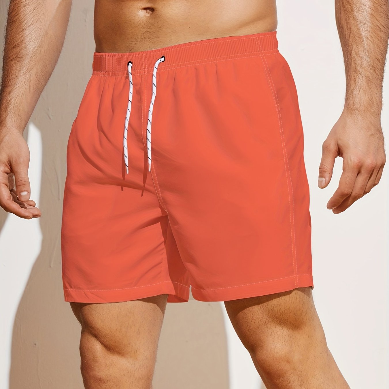 Classic Design Men's Solid Board Shorts With 2 Pockets, Casual Drawstring Swim Trunks For Summer Vacation Beach Pool Outdoor