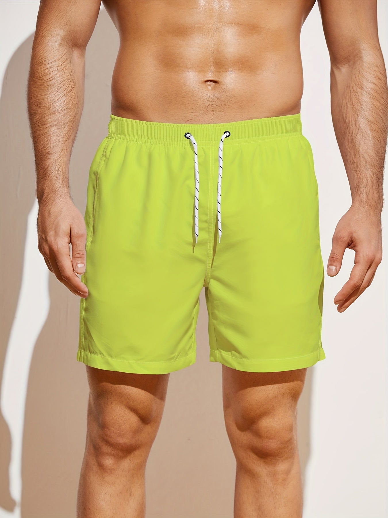 Classic Design Men's Solid Board Shorts With 2 Pockets, Casual Drawstring Swim Trunks For Summer Vacation Beach Pool Outdoor