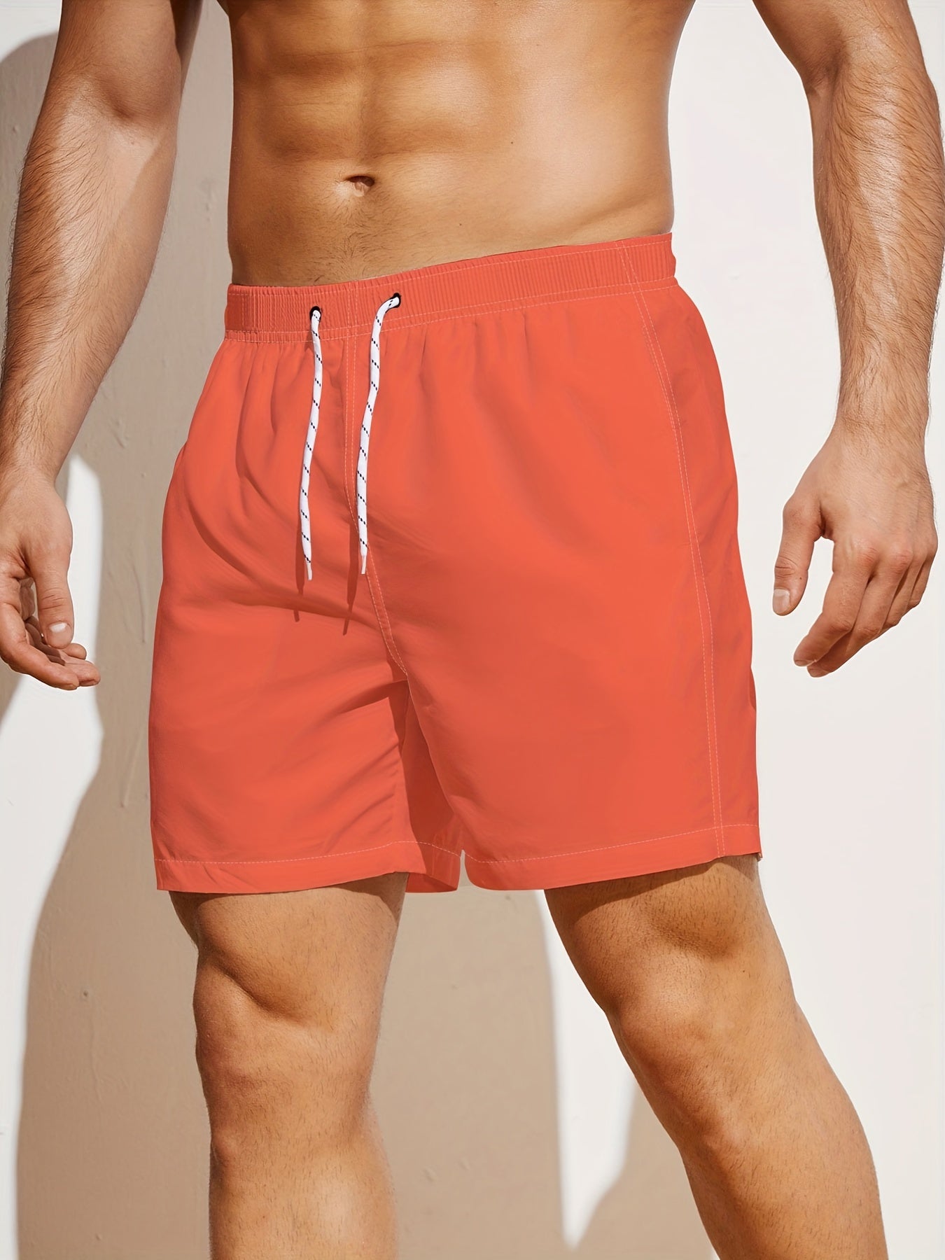 Classic Design Men's Solid Board Shorts With 2 Pockets, Casual Drawstring Swim Trunks For Summer Vacation Beach Pool Outdoor
