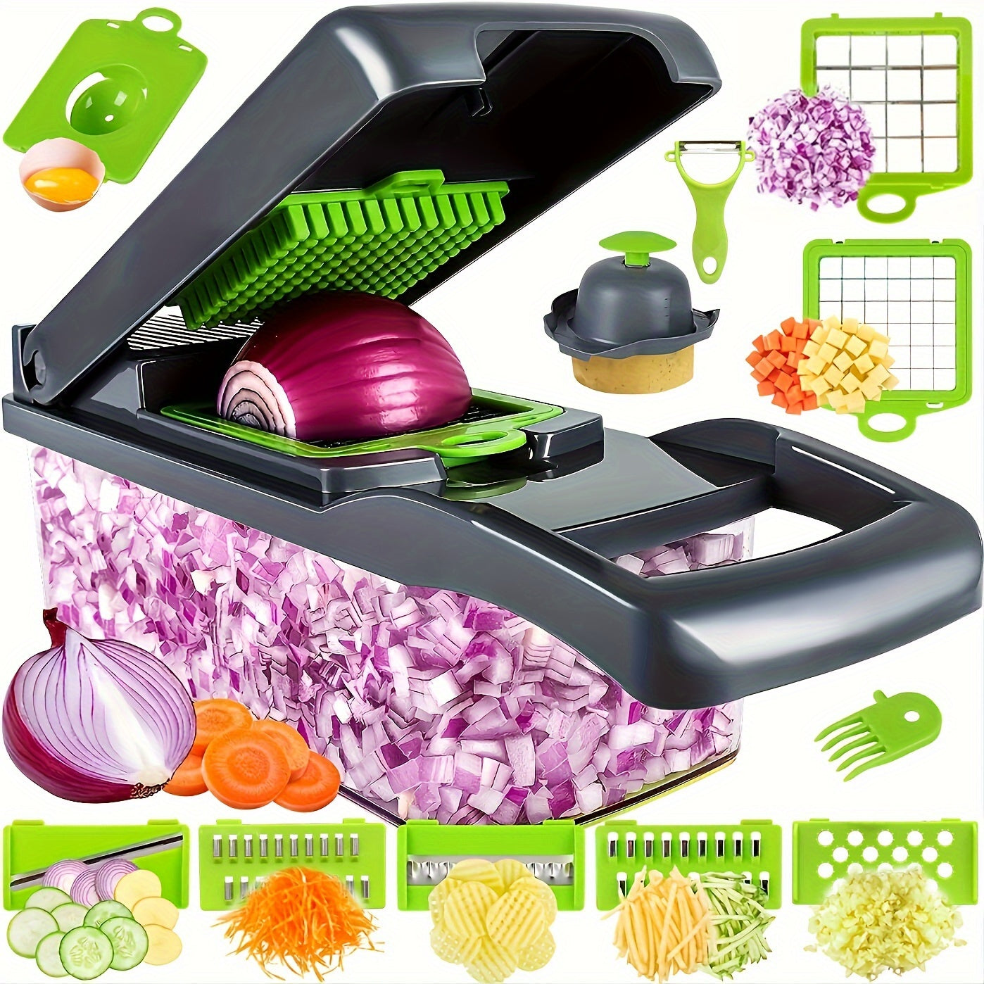 16pcs/Set, Vegetable Chopper, Multifunctional Fruit Slicer, veggie slicer, Vegetable Slicer, Cutter With Container, Onion Mincer Chopper With Multiple Interchangeable Blades, Household Potato Shredder, Kitchen Stuff, Kitchen