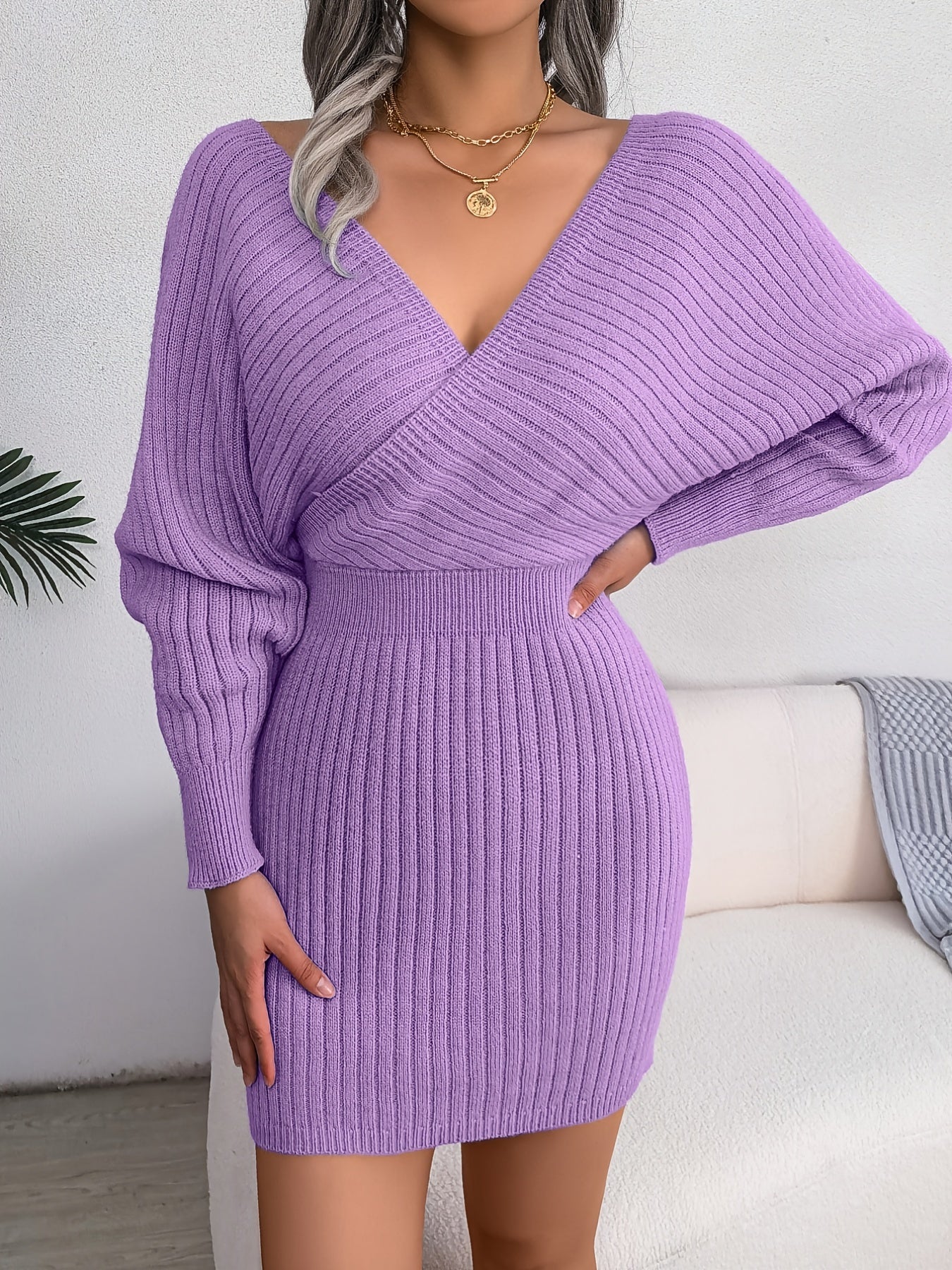 Sexy Cross V Neck Bodycon Sweater Dress, Batwing Sleeve Solid Criss Cross Neck Cross Sexy Dresses, Women's Clothing