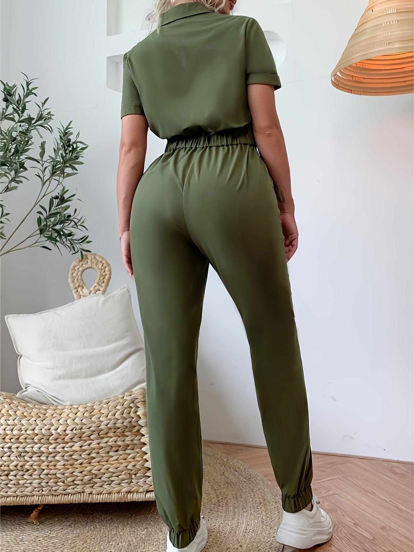 Women's Casual Solid Color Zip-Up Collared Short Sleeve Jumpsuit with Elastic Waist & Cuffs - Beige Spring Lounge Wear, Machine Washable Elegant Special Line
