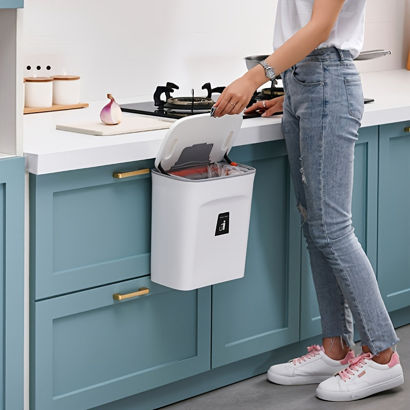 1pc Under Cabinet Door Hanging Trash Can - No Drill Installation, Durable Plastic Rectangular Kitchen Waste Bin with Lid, Space-Saving Pull-Out Cabinet Organizer for Utensils & Food Scraps (Black/White), Trash Cans for Kitche